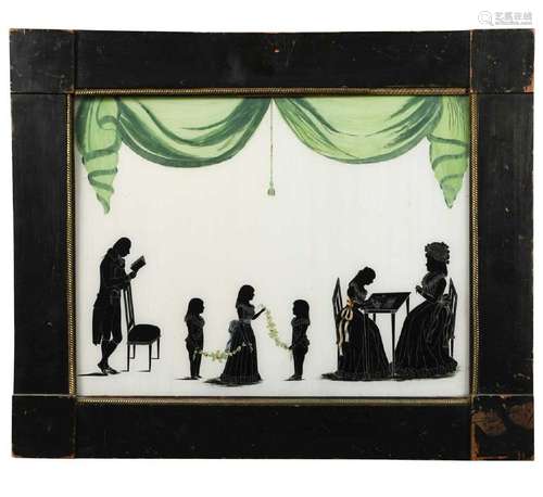 A reverse glass painted silhouette of a family group, late 1...