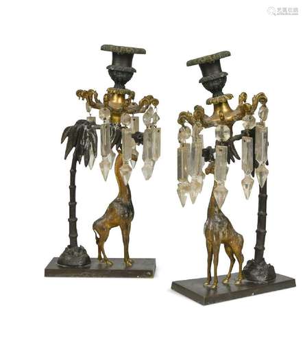 A pair of Regency bronze and gilt bronze lustres,