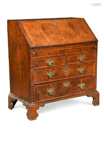 A walnut and feather banded bureau, 18th century,