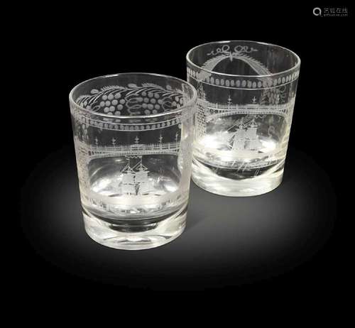 Two similar Sunderland Bridge glass tumblers,