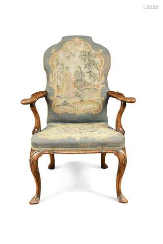 A walnut elbow chair, in the 18th century manner,