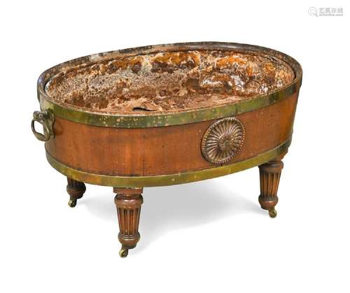 A George III brass bound mahogany oval wine cooler,