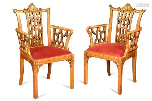 A pair of Chinese Chippendale revival painted satinwood elbo...