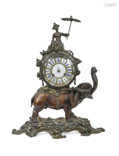 A French bronze elephant base mantel clock, late 19th centur...