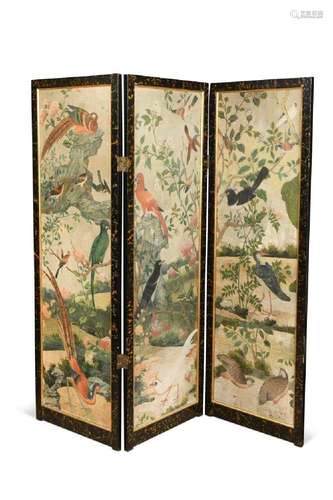 A three-panel painted folding screen, late 19th century,