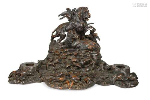 A Black Forest carved wood desk stand, late 19th century,