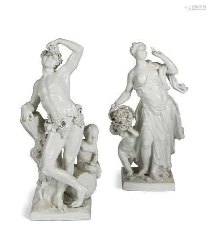 A pair of Meissen white glazed figures of Bacchus and Ceres,