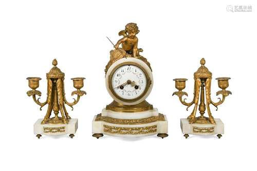 A French white marble clock garniture, 19th century,