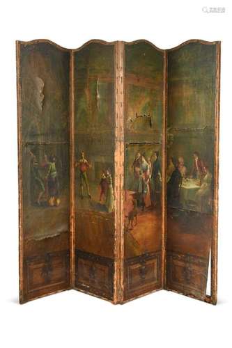 A four-panel painted leather screen, 19th century,