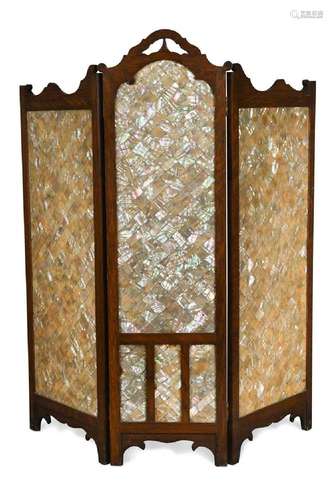 A small oak and abalone three-fold screen, circa 1900,