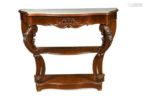 A Victorian walnut marble top console table,