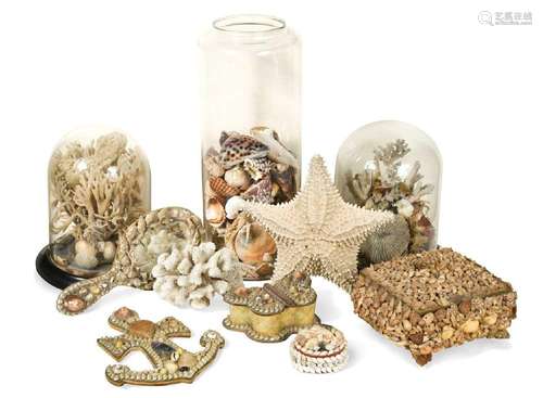 A collection of shell work boxes, coral dioramas and other s...