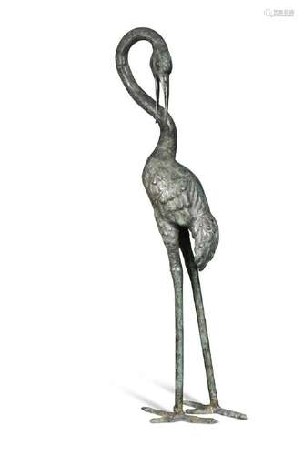 A cast bronze model of a crane, 20th century,