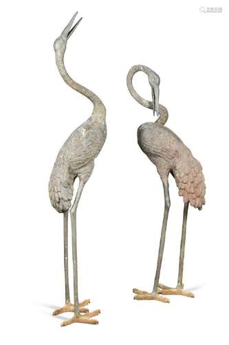 A pair of cast bronze cranes, 20th century,