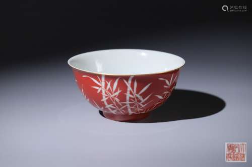 清代 珊瑚紅釉留白竹葉碗