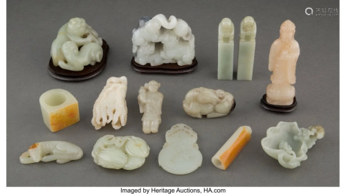 A Group of Fourteen Carved Jade Articles 4-1/4 x