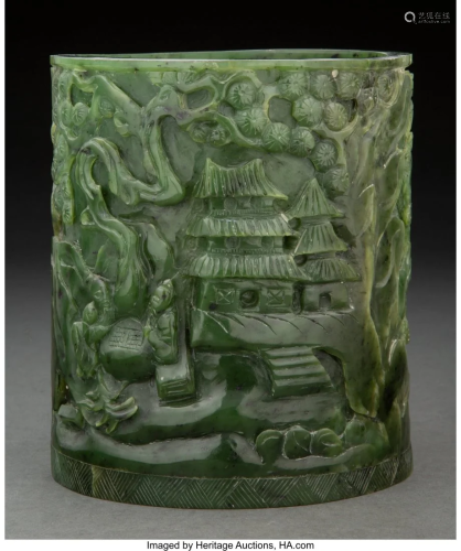 A Chinese Carved Spinach Jade Brush Pot 6-1/2 x