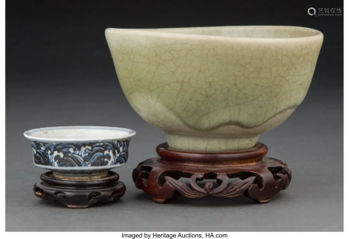 A Chinese Yuan Celadon Bowl and a Small Blue and