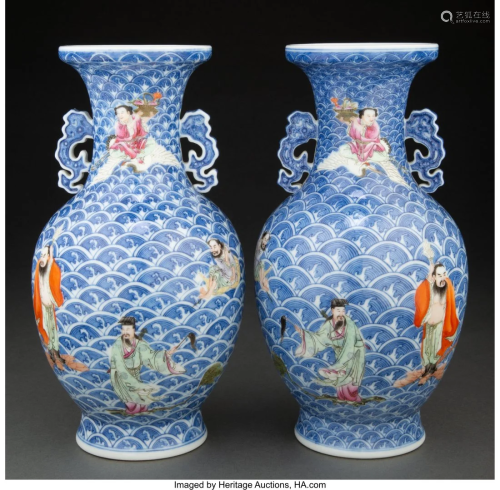 A Pair of Chinese Enameled Blue and White Eight