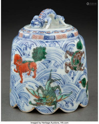 A Chinese Underglazed Blue and Wucai Porcelain B
