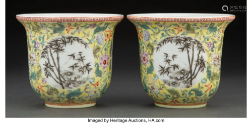 A Pair of Chinese Yellow Glazed Famille Rose Por