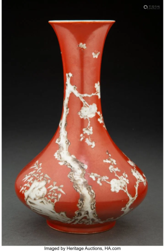 A Chinese Coral Ground Porcelain Prunus Vase, 19