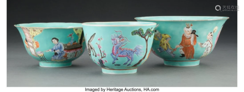 Three Chinese Turquoise Ground Famille Rose Bowl