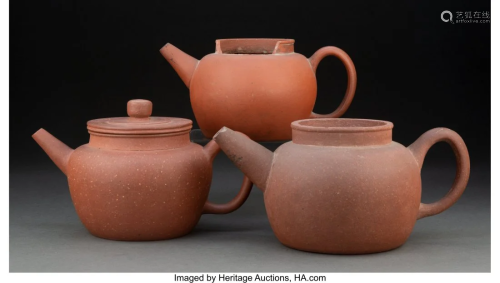 Three Chinese Yixing Pottery Teapots Marks: two-