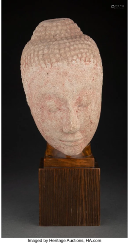 A Thai Carved Sandstone Head of a Buddha 9-1/4 x