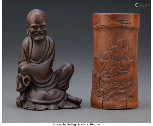A Chinese Bamboo Brushpot and a Carved Wood Seat