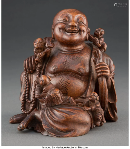 A Chinese Carved Wood Laughing Buddha Marks: one