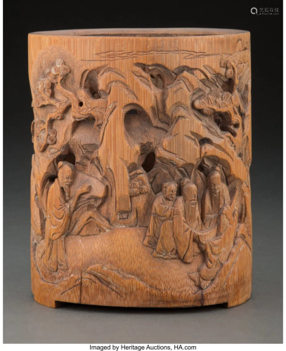 A Chinese Carved Bamboo Brush Stand Depicting Sc