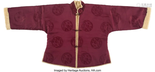 A Chinese Burgundy Ground Embroidered Silk Winte