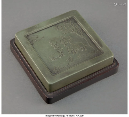 A Chinese Carved Inkstone 4-3/8 x 4-3/8 x 1-1/8