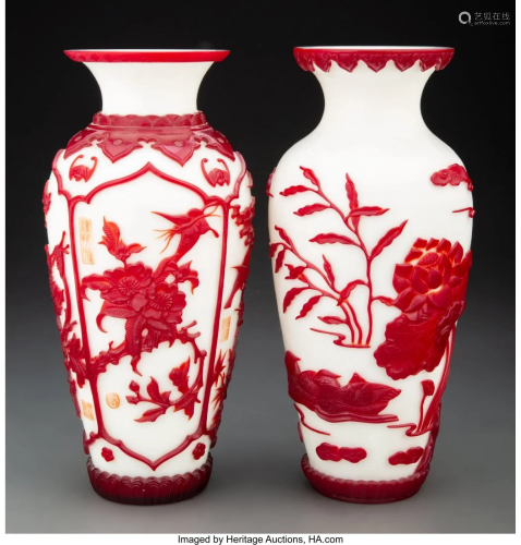 A Near Pair of Chinese Peking Glass Vases Marks:
