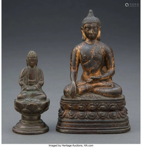 Two Sino-Tibetan Bronze Seated Buddhas 6-1/2 x 4