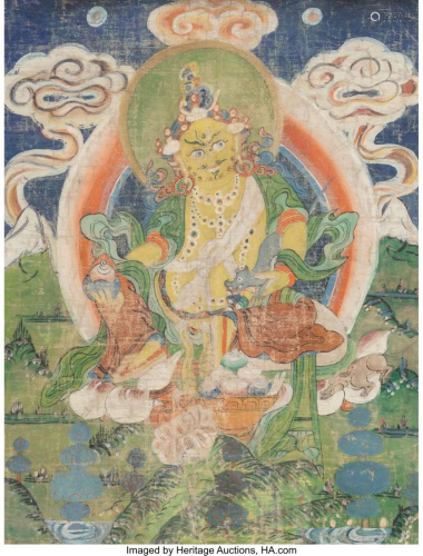 A Tibetan Painted Silk Thangka Panel 24 x 19-1/8