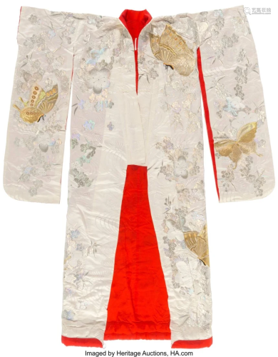 A Japanese Embroidered White-Ground Silk Kimono