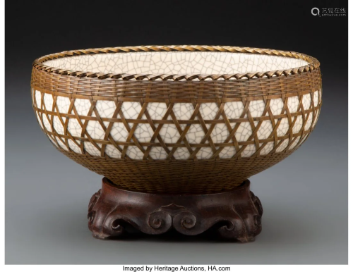 A Japanese Awaji Pottery Bowl Set in Brass Woven