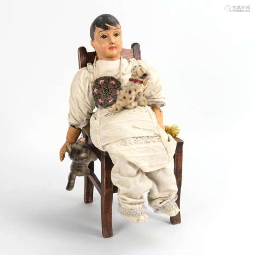 DOLL WITH WOODEN HEAD + CHAIR.