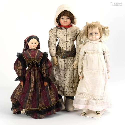 3 DOLLS WITH WAXED HEADS.