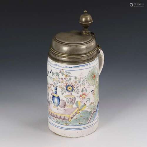 BAROQUE FAIENCE ROLLER JUG WITH TABLE DECORATION. SCHREZHEIM...