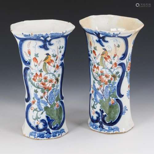 PAIR OF BAROQUE FAIENCE BAR VASES WITH BIRD AND FLOWER PAINT...