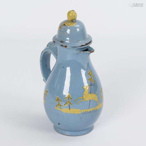 BLUE FAIENCE PEAR JUG WITH STAG.