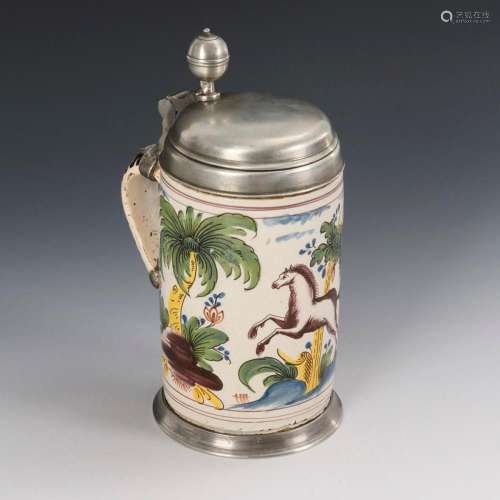 BAROQUE FAIENCE ROLLER JUG WITH JUMPING HORSE. THURINGIA OR ...