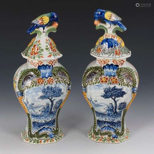 PAIR OF SMALL DELFT FAIENCE LIDDED VASES WITH BIRD KNOB. TIC...