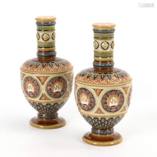 PAIR OF WILHELMINIAN NARROW NECK VASES WITH HISTORICIST RELI...