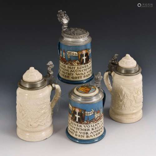 4 HISTORICIST STONEWARE RELIEF JUGS. VILLEROY & BOCH AND...