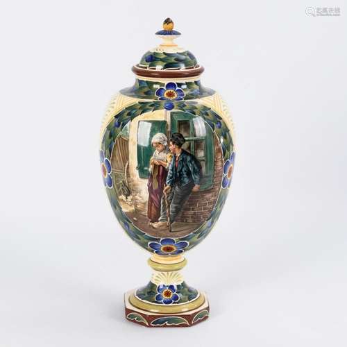 LARGE HAND-PAINTED ART NOUVEAU VASE WITH GENRE DEPICTION AND...