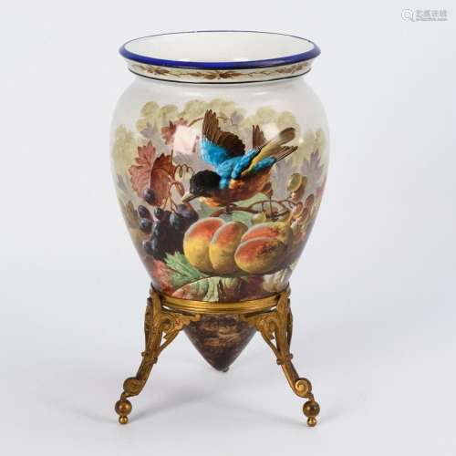 AMPHORA VASE WITH FRUIT AND BIRD PAINTING.